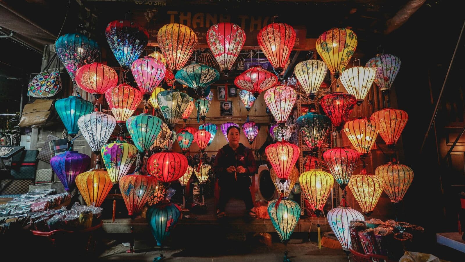Colourful lanterns on display at night
